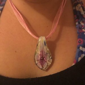 Glass flower necklace with claw hook back